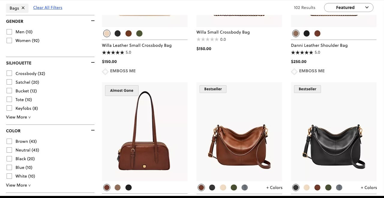 Fossil — Collection Cards with Star Ratings + Color Swatches + Bestseller Badges